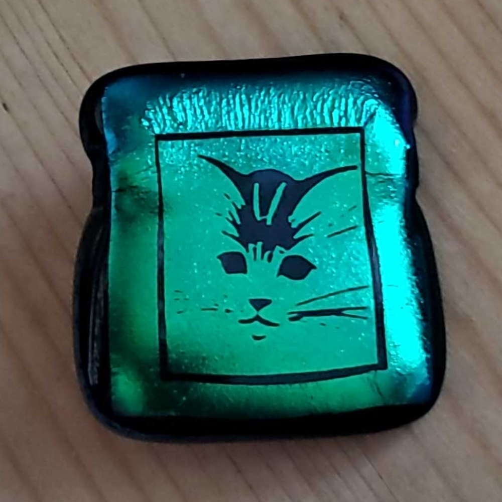 Vintage Big Square Green and Black Cat Brooch